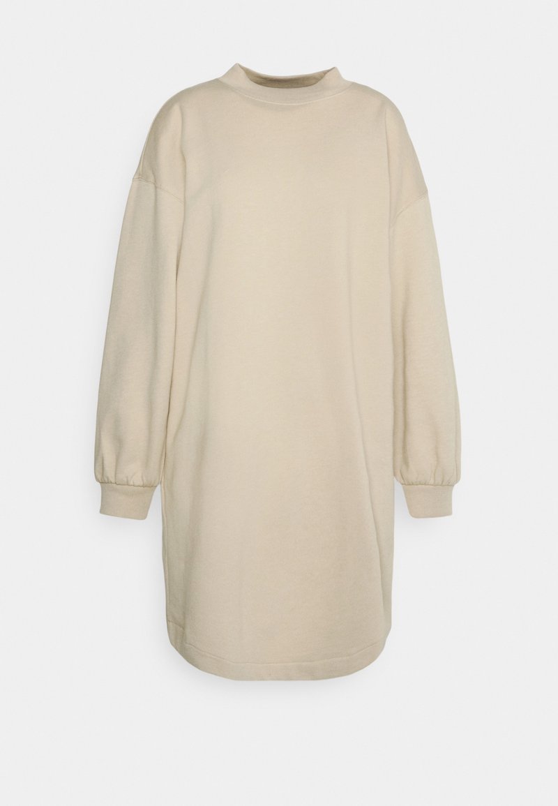 Beige Kleid aus weichem Stoff, mit hohem Kragen, langen puffärmel und lockerer Passform, umsäumt auf Oberschenkelhöhe.