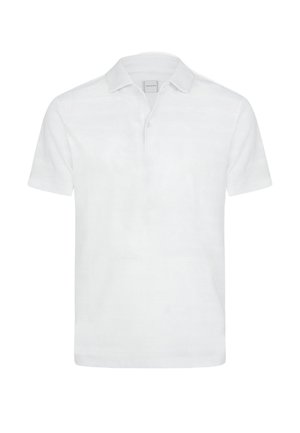 Polo bianca a maniche corte con colletto e patta con due bottoni, mostrata su sfondo bianco.