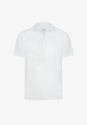 Weißes Polohemd mit kurzen Ärmeln, Kragen und Zwei-Knopf-Leiste, dargestellt auf weißem Hintergrund.