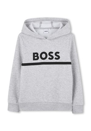 Sweat à capuche gris clair avec texte "BOSS" noir et une ligne horizontale noire sur la poitrine, manches longues, poignets et ourlet côtelés.