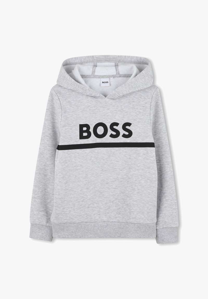 Sweat à capuche gris clair avec texte "BOSS" noir et une ligne horizontale noire sur la poitrine, manches longues, poignets et ourlet côtelés.