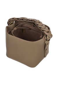 Beige leather handbag with a textured surface, a chain strap, and an interior drawstring closure. Features a small zip pocket inside.