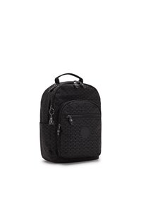 Black backpack made of durable fabric, featuring a geometric pattern, dual zippered compartments, and a top handle for easy carrying.