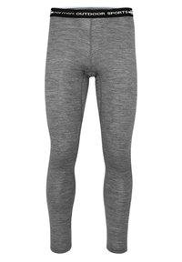 Graue Sportleggings aus dehnbarem Stoff, mit einem schwarzen Bund, auf dem "OUTDOOR SPORTS" steht. Glatte Textur, enganliegendes Design.