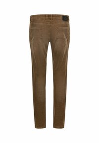 Bruine denim broek met een gestructureerde afwerking, slim fit, vijf zakken en een zwart label op de tailleband. Achteraanzicht zichtbaar.