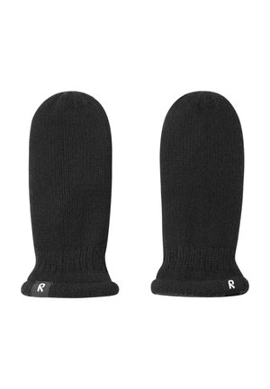 Schwarze gestrickte Fäustlinge mit geripptem Muster, abgerundetem Oberteil und umgeschlagenem Bündchen. Kleines Logotag an der Seite.