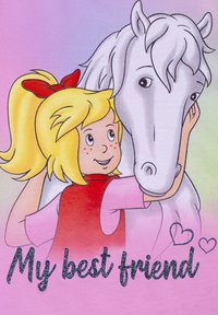 Cartone che raffigura una ragazza con i capelli biondi e un fiocco rosso, abbracciando un cavallo bianco su uno sfondo sfumato rosa. Testo: "Il mio migliore amico".