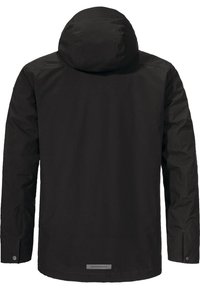 Schwarze Jacke mit Kapuze, mit glatter Textur, langen Ärmeln und geradem Schnitt. Enthält einen kleinen reflektierenden Akzent am Saum.