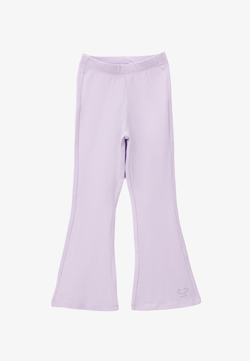 Pantaloni svasati per bambini di colore lilla con cintura elastica e un piccolo disegno a cuore vicino all'orlo inferiore su una gamba.