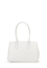 Witte leren tote bag met een gladde, gestructureerde afwerking. Heeft twee langwerpige handvatten en subtiele gestikte details langs de randen.