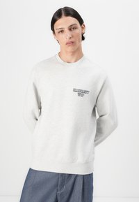 Lys grå sweatshirt med lange ærmer, ribbet rund hals og et lille trykt logo på venstre bryst. Blød tekstur og afslappet pasform.