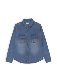 Camicia di jeans in blu sbiadito con colletto classico, maniche lunghe, due tasche sul petto e cuciture decorative sulle spalle.