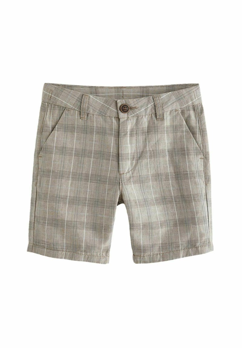 Shorts à carreaux beiges en tissu léger, avec des poches latérales, une fermeture à bouton et une coupe régulière. Le motif comprend de fines rayures.