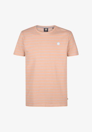 Korte mouw crew neck t-shirt in licht perzik met horizontale blauwe strepen en een klein logo op de borst. Katoenmix stof.