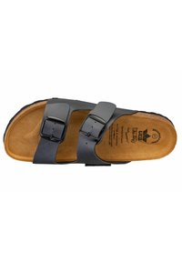 Black two-strap sandal with adjustable buckles, cork footbed, and rubber sole. Features smooth exterior and textured footbed for comfort.