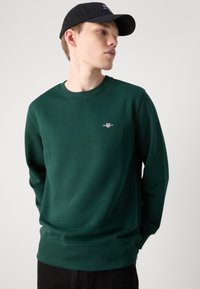 Groene sweatshirt van gladde stof, met een ronde hals, lange mouwen en een klein logo op de linker borst. Zwarte pet achterste voren gedragen.
