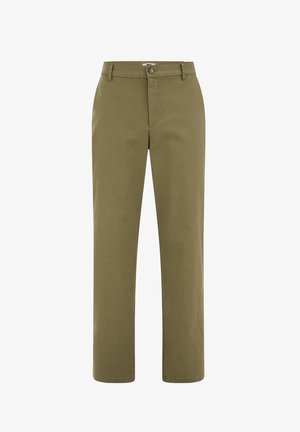 Olivegrüne, gerade geschnittene Hose mit Gürtelschlaufen, Knopfverschluss und Reißverschluss, geeignet für legere oder formelle Anlässe.