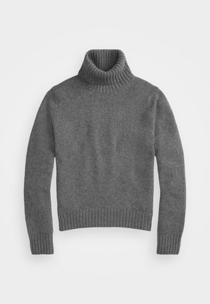 Gray turtleneck sweater made from a soft knit material, featuring a ribbed collar and hem, with long sleeves and a relaxed fit.