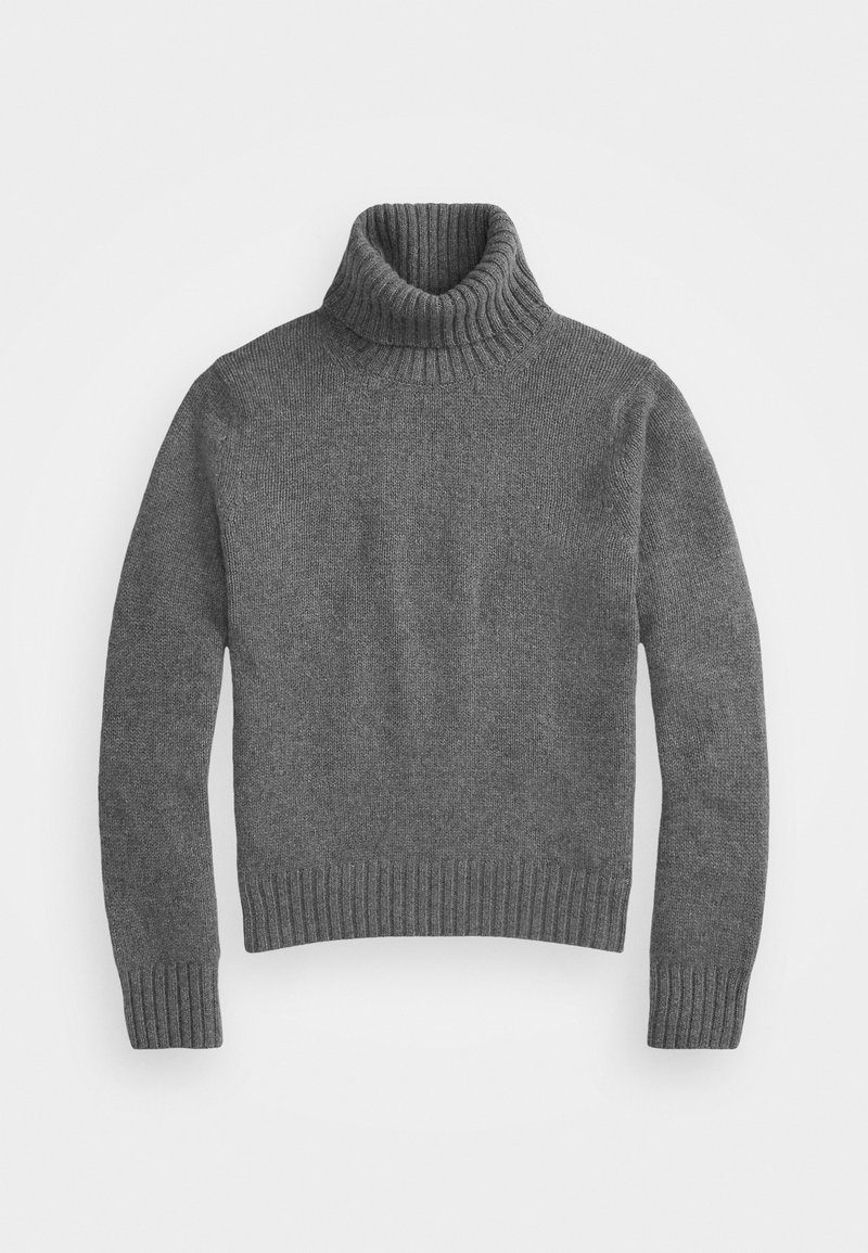 Grauer Rollkragenpullover aus weichem Strickmaterial, ausgestattet mit einem gerippten Kragen und Saum, langen Ärmeln und einer lockeren Passform.