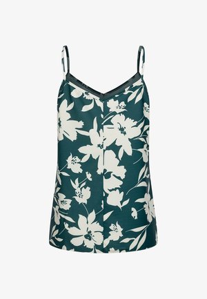 Haut sans manches vert foncé avec fines bretelles et grand motif floral blanc, avec encolure en V et détail de couture.