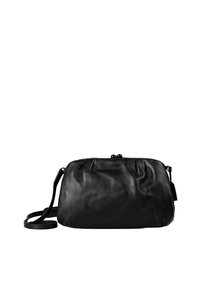 Borsa a tracolla in pelle nera con una forma morbida e arrotondata, design a pieghe e tracolla regolabile. Presenta una chiusura a scatto superiore.