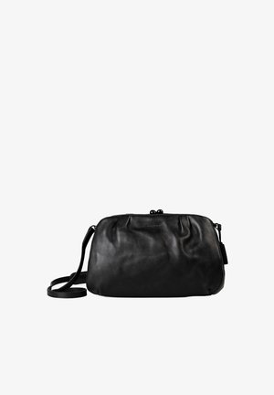 Black leather crossbody bag with a soft, rounded shape, pleated design, and adjustable strap. Features a clasp closure at the top.