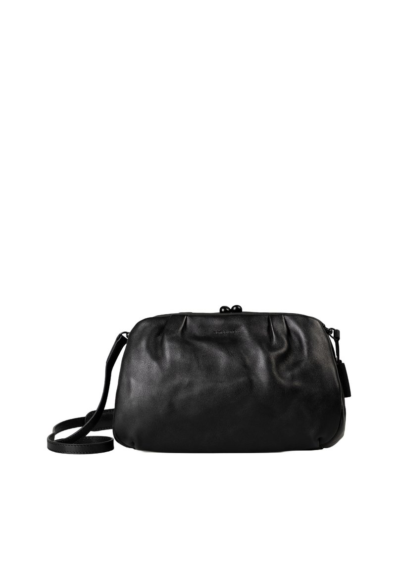 Borsa a tracolla in pelle nera con una forma morbida e arrotondata, design a pieghe e tracolla regolabile. Presenta una chiusura a scatto superiore.
