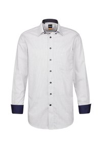 Camicia a maniche lunghe bianca e blu a quadri, con chiusura a bottoni frontale, tasca sul petto e polsini blu a contrasto.