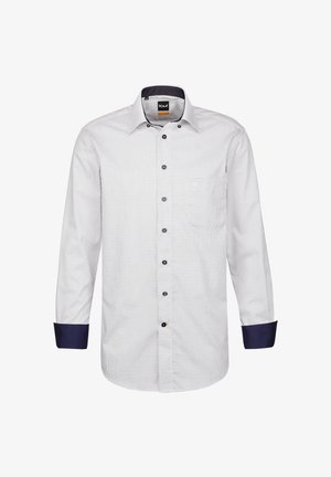 Camicia a maniche lunghe bianca e blu a quadri, con chiusura a bottoni frontale, tasca sul petto e polsini blu a contrasto.