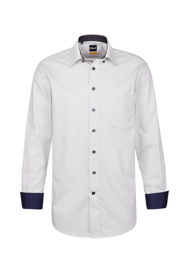 Camicia a maniche lunghe bianca e blu a quadri, con chiusura a bottoni frontale, tasca sul petto e polsini blu a contrasto.