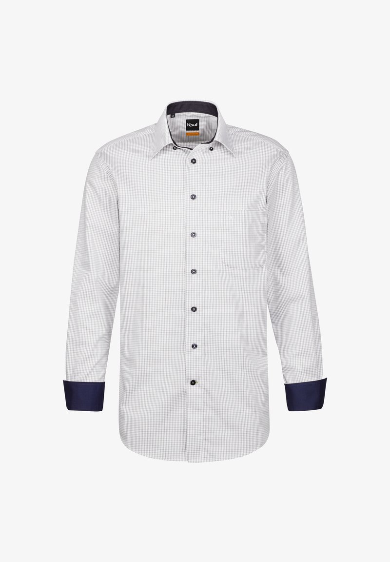 Camicia a maniche lunghe bianca e blu a quadri, con chiusura a bottoni frontale, tasca sul petto e polsini blu a contrasto.