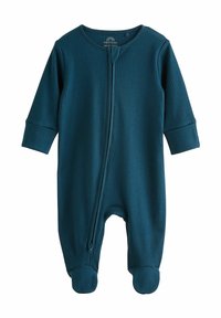 Body neonato color teal realizzato in tessuto a coste, con zip full length, maniche lunghe, design con piedini e scollatura rotonda.