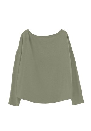 Olive green long-sleeve shirt with wide neckline, loose fit, and slightly curved hem, displayed flat on a white background.