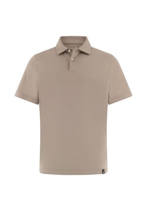 Polo de manga corta beige con dos botones en la tapeta y una pequeña etiqueta negra cerca del dobladillo.