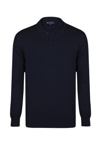 Tummansininen pitkähihainen polo-paita, joka on valmistettu neulotusta kankaasta. Paidassa on kaulus ja kolmen napin listavetoketju, sekä ribbaus hihansuissa ja helmassa.