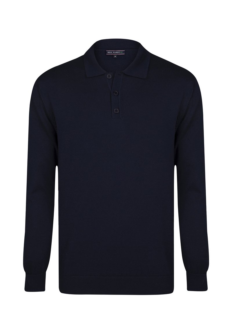 Tummansininen pitkähihainen polo-paita, joka on valmistettu neulotusta kankaasta. Paidassa on kaulus ja kolmen napin listavetoketju, sekä ribbaus hihansuissa ja helmassa.