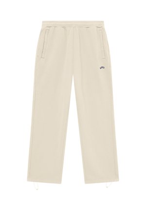 Pantalon beige à coupe décontractée avec taille élastique, poches latérales, cordons de serrage aux chevilles et petit texte « ALKVIS » sur la cuisse droite.