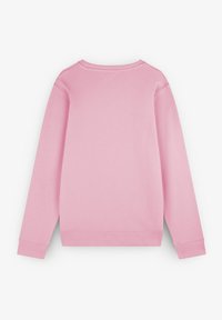 Rosa Sweatshirt mit Rundhalsausschnitt, langen Ärmeln und gerippten Bündchen sowie Saum. Der Stoff wirkt weich und glatt. Keine Muster oder Akzente sichtbar.