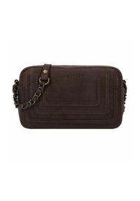 Bolso crossbody de cuero marrón oscuro con costuras decorativas, correa de eslabones de cadena y "COWBOYSBAG" grabado en el centro frontal.