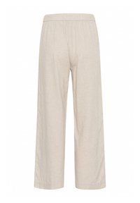 Beige, weite Hosen aus leichtem Stoff mit einem elastischen Bund. Hat ein einfaches Design und eine schlichte Textur.