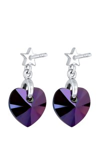 Boucles d'oreilles en forme de cœur en cristal violet, avec un accent en étoile argentée et un sertissage à griffes, dotées d'une surface facettée pour plus d'éclat.