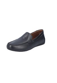 Schwarzer Leder-Schlüpfschuh mit abgerundetem Zehenbereich, gesteppten Details und einer strukturierten Sohle. Glatte Oberfläche mit gepolstertem Innenraum.