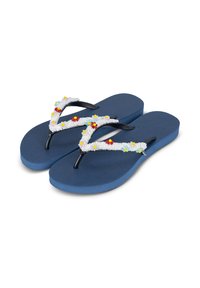 Tongs bleues avec des sangles en caoutchouc noir décorées de perles multicolores. Les semelles texturées offrent adhérence et confort.