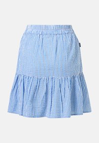 Jupe rayée verticale bleue et blanche avec un ourlet à volants froncé et une ceinture élastique.
