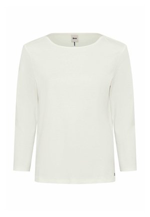 Witte lange mouwen shirt met een ronde halslijn, gemaakt van zachte stof. Heeft een klein logo-accent nabij de zoom. Eenvoudig ontwerp, geen patronen.