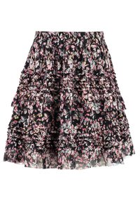 Mustasta sifonkikankaasta valmistettu kukallinen röyhelöhame, jossa on vaaleanpunaisia, valkoisia ja vihreitä kuvioita. Hameessa on joustava vyötärönauha ja kerroksittain olevat liepeet.