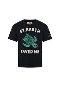 Marine katoen t-shirt met een groene schildpad en de witte tekst "ST. BARTH SAVED ME." Korte mouwen en ronde halslijn.