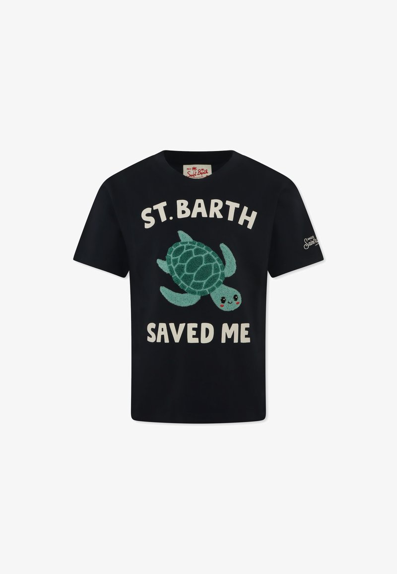T-shirt en coton marine avec un graphique de tortue verte et le texte blanc "ST. BARTH M'A SAUVE." Manches courtes et col rond.
