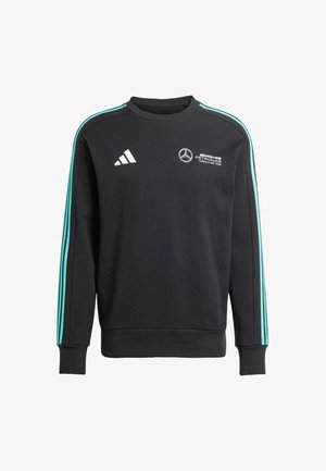 Černá mikina vyrobená z jemné tkaniny, se světle modrými pruhy na rukávech a logy Mercedes a Adidas na přední straně.