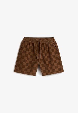 Shorts marron à carreaux avec une taille élastique et un cordon, avec deux poches latérales, présentés sur fond blanc.